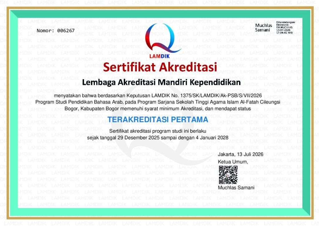 Resmi! Program Studi Pendidikan Bahasa Arab STAI Al-Fatah Raih Status Terakreditasi Pertama dari LAMDIK