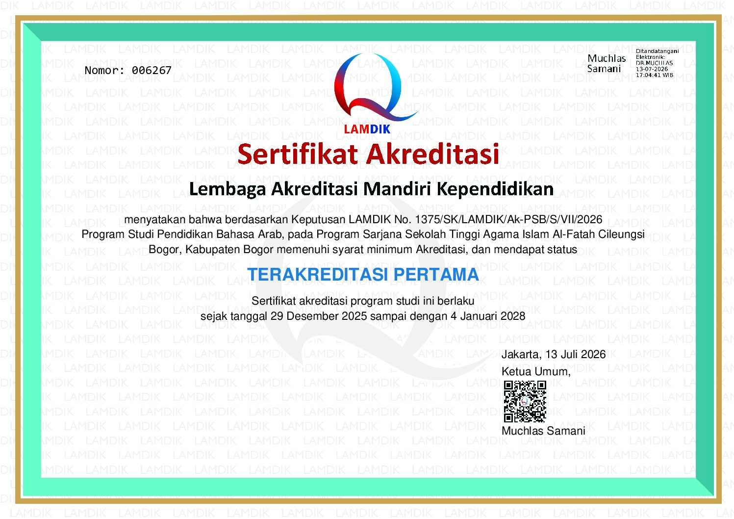 Resmi! Program Studi Pendidikan Bahasa Arab STAI Al-Fatah Raih Status Terakreditasi Pertama dari LAMDIK